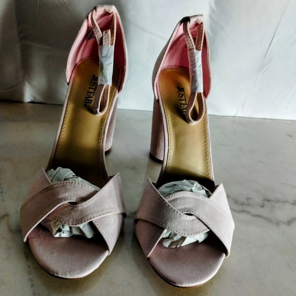 Never worn, pink fabric thick heels. Sandal.